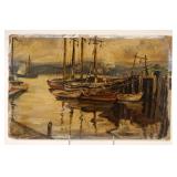 1002	OIL PAINTING ON BOARD SHIPS AT HARBOR, ARTIST SIGNED LOWER LEFT, APPROXIMATELY 9 IN X 12 IN