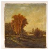 1003	ANTIQUE OIL PAINTING ON CANVAS, LANDSCAPE W/STONE FENCE ROW, COWS, WOODS & STREAM, APPROXIMATEL