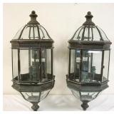 1012	PAIR OF BRASS & BEVELED GLASS PORCH LANTERNS IN BRONZE FINISH, APPROXIMATELY 28 IN HIGH