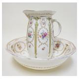 1014	ANTIQUE ROYAL DOULTON WATER BOWL & PITCHER SET W/FLORAL & WREATH DESIGN