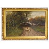 1017	ANTIQUE OIL PAINTING ON CANVAS, SHEEP BEING HERDED DOWN WOODED LANE W/COTTAGE IN BACKGROUND, AR