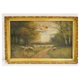 1018	ANTIQUE OIL PAINTING ON CANVAS, SHEEP GRAZING ALONG WOODED LANE, APPROXIMATELY 14 IN X 20 IN