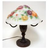 1082	OUTSTANDING SATIN GLASS REVERSE PAINTED FLORA PUFFY SHADE TABLE LAMP W/ORIGINAL BRONZE FINISHED