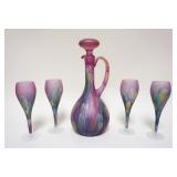 1084	REUVEN GLASS DECANTER & 4 WINES, DECANTER APPROXIMATELY 14 IN HIGH