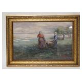 1088	FRAMED ARTIST SIGNED DRAWING OF 2 WOMEN CARRYING A BASKET ALONG LAKE SHORE, APPROXIMATELY 12 IN