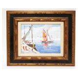 1089	OIL PAINTING ON CANVAS SAIL BOATS IN HARBOR, APPROXIMATELY 18 IN X 20 IN