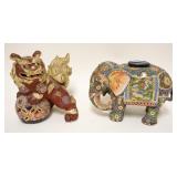 1102	2 PIECE LOT MORIAGE SATSUMA ELEPHANT & FOO DOG, LARGEST APPROXIMATELY 8 IN HIGH