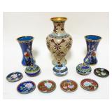 1114	GROUP OF ASSORTED CLOISONNE VASES, COVERED BOXES & SMALL DISHES, LARGEST VASE APPROXIMATELY 10 