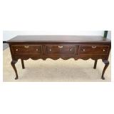 1168	VIRGINIA GALLERIES HECKLE HARRIS SIDEBOARD, 3 DRAWER, GOUGING ON TOP SURFACE, APPROXIMATELY 78 