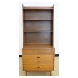 1172	MIDCENTURY MODERN NARROW TAPERED BOOKSHELF W/4 LOWER DRAWERS, APPROXIMATELY 32 IN X 18 IN X 75 