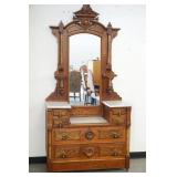 1184	ORNATE WALNUT VICTORIAN MARBLE TOP CHEST, 7 DRAWER W/BURL WOOD FRONT & COLUMNS & DROP CENTER, S
