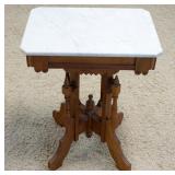 1199	VICTORIAN WALNUT MARBLE TOP PARLOR TABLE W/STOP CHAMFORD CORNERS, APPROXIMATELY 16 IN X 22 IN X