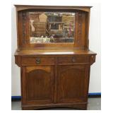 1210	OAK ARTS & CRAFTS MIRROR TOP SIDEBOARD W/TULIP CARVED PANELS, APPROXIMATELY 48 IN X 18 IN X 65 
