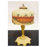 1240	ANTIQUE SATIN GLASS REVERSE PAINTED BOUDOIR LAMP ON CAST METAL BASE, APPROXIMATELY 14 1/2 IN HI