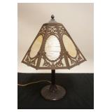 1243	ANTIQUE PANELED SLAG GLASS BIGELOW & KENNARD PARLOR LAMP, APPROXIMATELY 22 IN HIGH