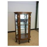 1247	ANTIQUE SHULL FURNITURE OAK CRYSTAL CABINET, MIRROR BACK, CLAW FOOT W/CARVED LIONS HEADS, APPRO