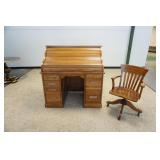 1251	OAK ROLL TOP DESK W/UNUSUAL FALL FRONT DESK DRAWER CONCEALING 3 SMALL DRAWERS, APPROXIMATELY 48