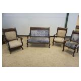 1254	4 PIECE EMPIRE STYLE PARLOR SET, SOME FADING & STAINING IN UPHOLSTERY