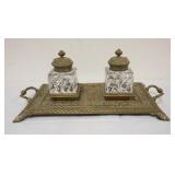 1258	DOUBLE GLASS INKWELL W/ORNATE BRASS HINGED TOPS & BRASS BASE, APPROXIMATELY 8 IN X 14 IN X 6 IN