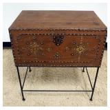 1007	ANTIQUE WALNUT HINGED BOX WITH BRASS ACCENT TACKING AND IRON BASE, APPROXIMATELY 27 IN X 19 IN 