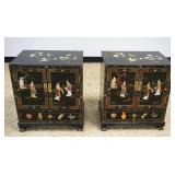 1011	PAIR OF 20TH CENTURY ASIAN 2 DOOR, 1 DRAWER BLACK LACQUERED CABINETS WITH APPLIED CARVED STONE,