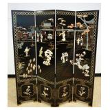 1012	OUTSTANDING 20TH CENTURY ASIAN 4 PANEL BLACK LACQUERED SCREEN WITH APPLIED STONE CARVINGS THROU