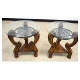 1015	PAIR OF ORNATE WOOD & IRON BEVELED EDGE GLASS TOP LAMP TABLES, APPROXIMATELY 26 IN X 27 IN H