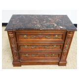 1025	PULASKI LAMINATED MARBLE TOP 3 DRAWER CHEST WITH URN AND FLOWER DESIGN FRONT, APPROXIMATELY 37 