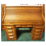1028	CONTEMPORARY OAK ROLL TOP DESK, NATIONAL MT AIRY, APPROXIMATELY 54 IN X 30 IN X 50 IN HIGH