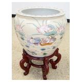 1029	LARGE KOI FISH POT W/WOOD STAND, POT APPROXIMATELY 20 IN X 16 IN HIGH