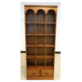 1033	MAPLE NARROW BOOK SHELF DISPLAY WITH 2 DRAWERS AT BASE, APPROXIMATELY 30 IN X 11 IN X 78 IN H