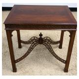 1036	ETHAN ALLEN MAHOGANY LAMP TABLE WITH FRETWORK STRETCHER, APPROXIMATELY 28 IN X 21 IN X 28 IN H
