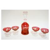 1055	RUBY CUT TO CLEAR STEMWARE & DECANTOR	RUBY CUT TO CLEAR 3 IN HIGH STEMWARE & 10 IN HIGH DECANTO