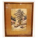 1074	FRAMED ASIAN STITCHED SILK	FRAMED ASIAN STITCHED SILK, APPROXIMATELY 20 IN X 26 IN