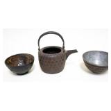1080	ANTIQUE ASIAN TEA POTS AND BOWL	ANTIQUE METAL ASIAN TEA POT AND PEWTER LINED BOWL AND SHELL TEA