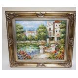 1104	OIL PAINTING OF GARDEN TERRACE	OIL PAINTING ON CANVAS OF GARDEN TERRACE ALONG WATERWAY, APPTOXI