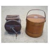 1142	ANTIQUE CHURN & WOOD FURKIN	ANTIQUE CHURN & WOOD FURKIN