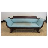 1145	ANTIQUE EMPIRE ACANTHUS CARVED SOFA	ANTIQUE EMPIRE ACANTHUS CARVED SCROLLED ARM SOFA, APPROXIMA