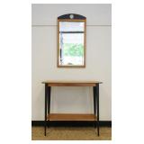 1017	ETHAN ALLEN MODERN CONSOLE TABLE W/HANGING BEVELED GLASS MIRROR, APPROXIMATELY 36 IN X 15 IN X 