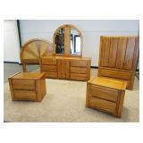 1022	STANLEY OAK 5 PIECE MODERN STYLE BEDROOM SET W/ HIGH & LOW CHESTS, WARDROBE, 2 BED SIDE STANDS 
