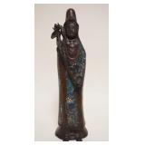 1051	ANTIQUE BRONZE ASIAN FIGURE W/ENAMELED DECORATED EXTERIOR, APPROXIMATELY 12 1/2 IN HIGH
