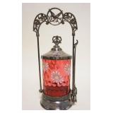 1060	VICTORIAN PICKLE CASTER, SILVERPLATE W/ENAMEL DECORATED CRANBERRY GLASS INSERT, BEACON SILVER C