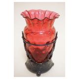 1071	VICTORIAN CRANBERRY GLASS VASE IN ORNATE SILVERPLATE HOLDER, JAMES W TUFTS, APPROXIMATELY 7 IN 
