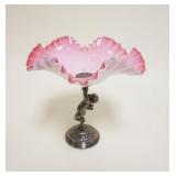 1072	PAIRPOINT PINK CASED GLASS COMPOTE W/FIGURAL SILVERPLATE BASE, APPROXIMATELY 9 IN HIGH
