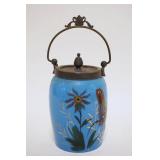 1075	VICTORIAN ENAMELED BLUE GLASS COVERED JAR, HALL & MILLER QUAD PLATE, APPROXIMATELY 8 IN HIGH
