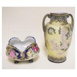 1076	HAND PAINTED NIPPON MORIAGE BOWL APPROXIMATELY 6 IN X 5 IN HIGH, & DOUBLE HANDLED VASE, SOME LO