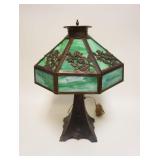 1081	ART NOUVEAU BRASS TABLE LAMP W/GREEN SLAG GLASS SHADE, APPROXIMATELY 23 IN HIGH