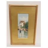 1082	SIGNED WATERCOLOR OF CANAL SCENE FRAMED & MATTED, APPROXIMATELY 11 1/2 IN X 18 1/2 IN OVERALL