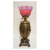 1083	ART NOUVEAU LAMP BASE W/CRANBERRY OPALESCENCE SWIRL SHADE, LAMP TOP NOT ORIGINAL, APPROXIMATELY