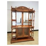 1098	VICTORIAN ETAGERE W/BEVELED GLASS DOORS & MIRRORS, APPLIED CARVED CREST & STICK & BALL TRIM, AP